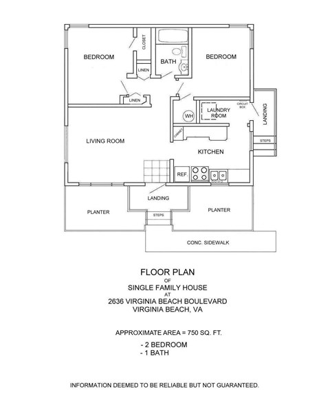 Floor plan for 2 beds, 1 bath, 750 sqft